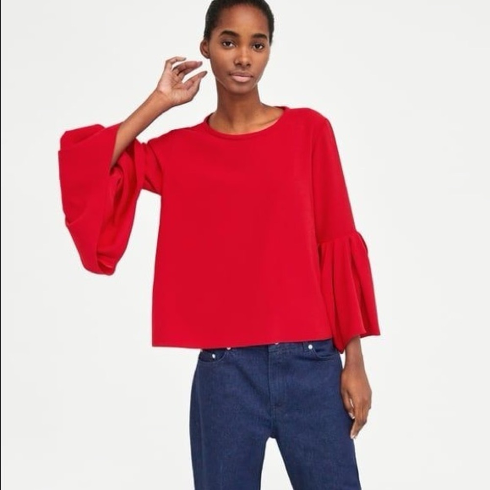 ZARA WOMAN Pleated Flare‎ Ruffle Bell Sleeves Red Blouse Top Size SMALL - Picture 13 of 14